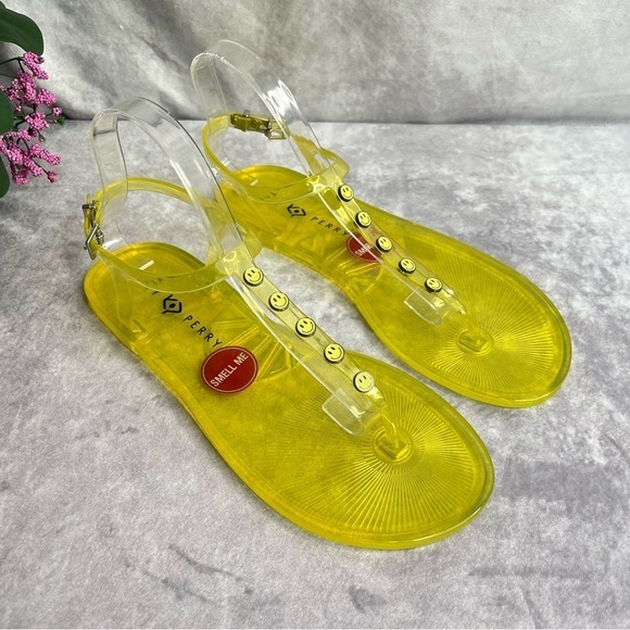 KATY Perry Womens The Geli-Pvc Ankle Strap Smiley Faces Flat Sandals Yellow - Picture 1 of 9